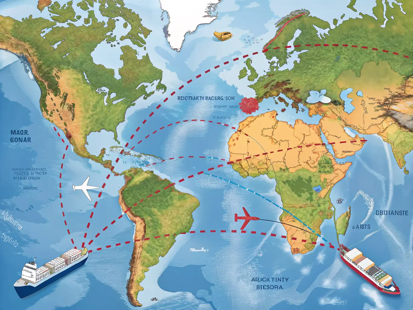 An image depicting a map of the USA and Latin America, with packages moving between them, symbolizing MiCompraEnUSA's international forwarding routes.