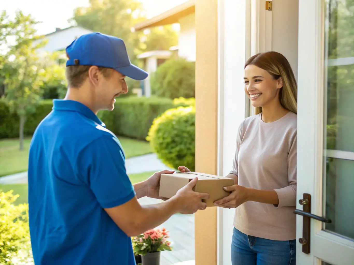 An image showing a customer receiving a package from a delivery person, emphasizing the convenience and reliability of MiCompraEnUSA's delivery service.